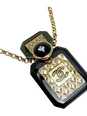 Chanel Cocomark Perfume Bottle Motif Necklace B23 a Gold Black Resin GP